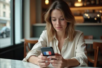 Femme activant une carte SIM Saily sur son smartphone dans un café parisien