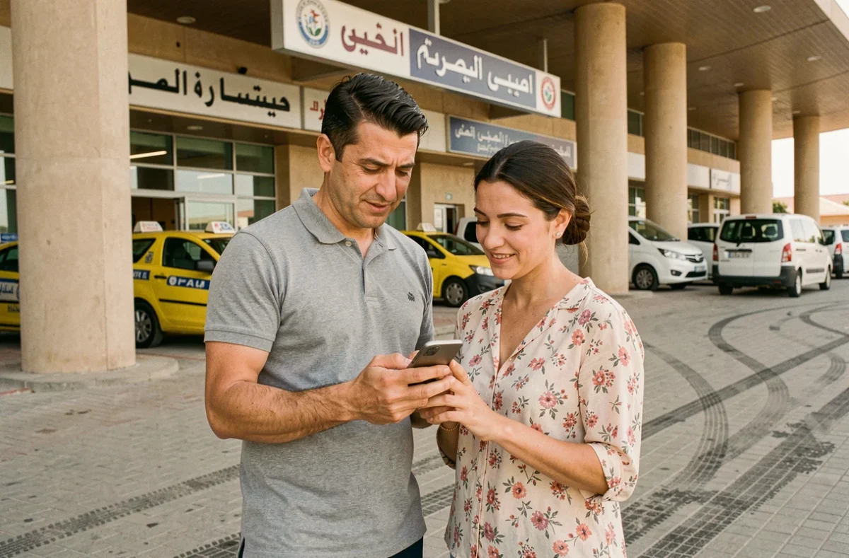Couple tunisien consultant une application de transport devant le terminal de l'aéroport de Tunis Carthage