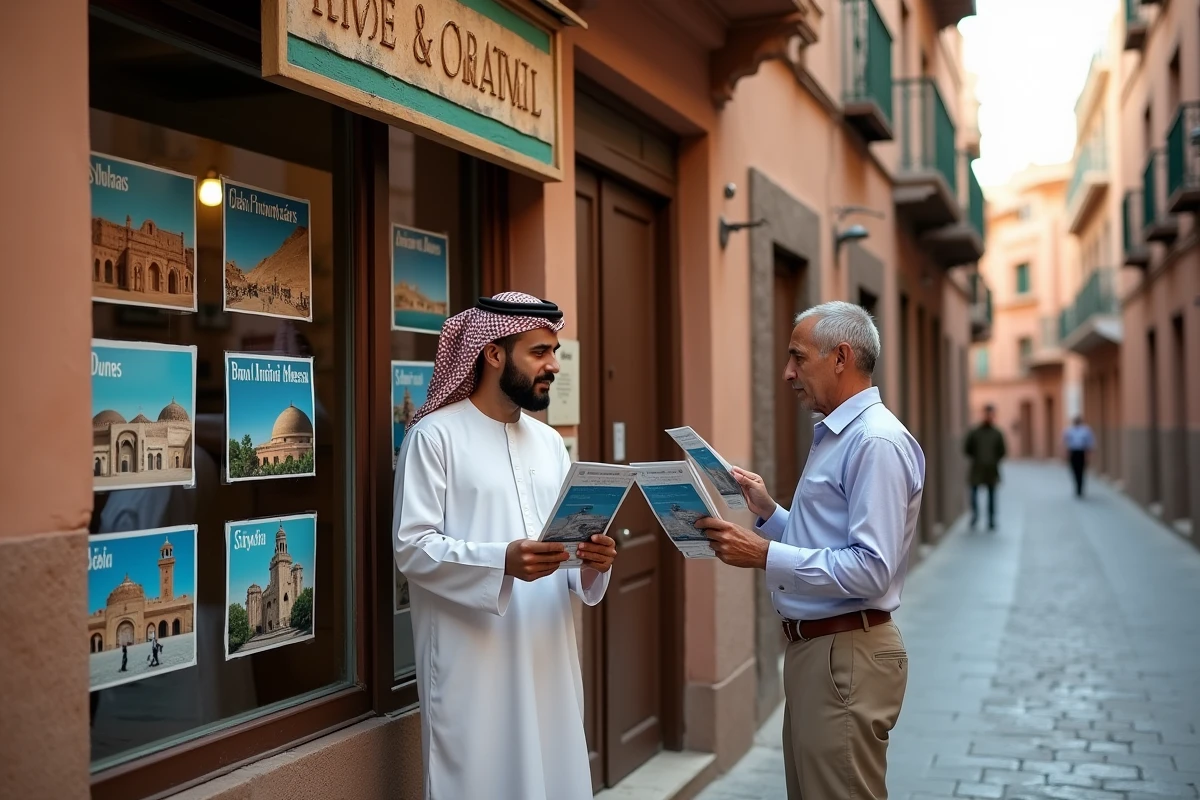Devanture d'une agence de voyage à Fès avec des clients comparant des offres touristiques dans une ruelle de la médina