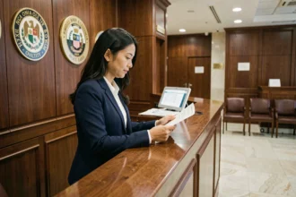 Voyageuse présentant ses documents à un guichet de l'ambassade d'Indonésie