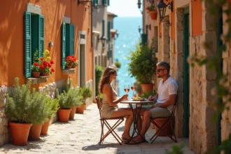 Couple savourant un apéro en terrasse dans une ruelle pavée d'un village côtier méditerranéen avec vue sur la mer