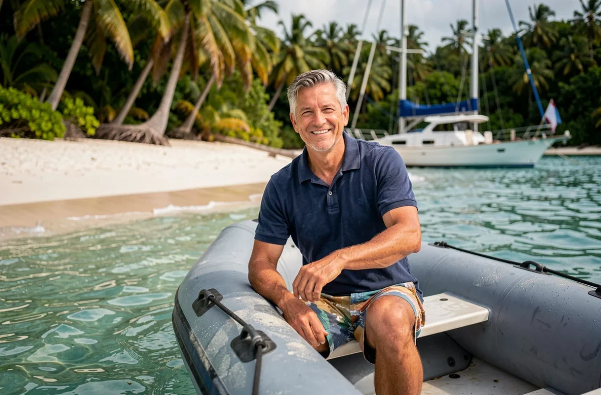 Homme arrivant en annexe sur une plage sauvage des Grenadines avec un voilier ancré en arrière-plan