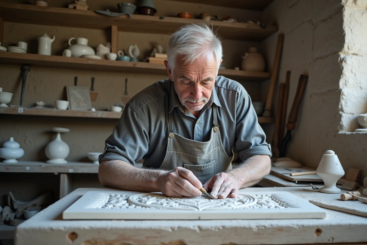 Artisan marbrier de Tinos sculptant une plaque décorative dans son atelier traditionnel cycladique