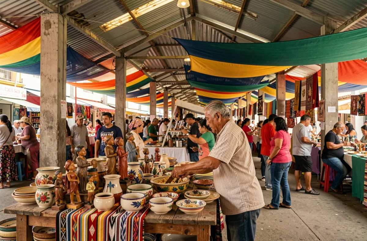 Artisan nicaraguayen vendant des objets artisanaux au marché Roberto Huembes de Managua, vitrine du tourisme local responsable