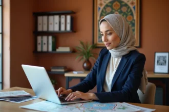 Conseillère en voyage de l'agence AZAMI VOYAGE à Fès étudiant des brochures touristiques dans un bureau au décor marocain