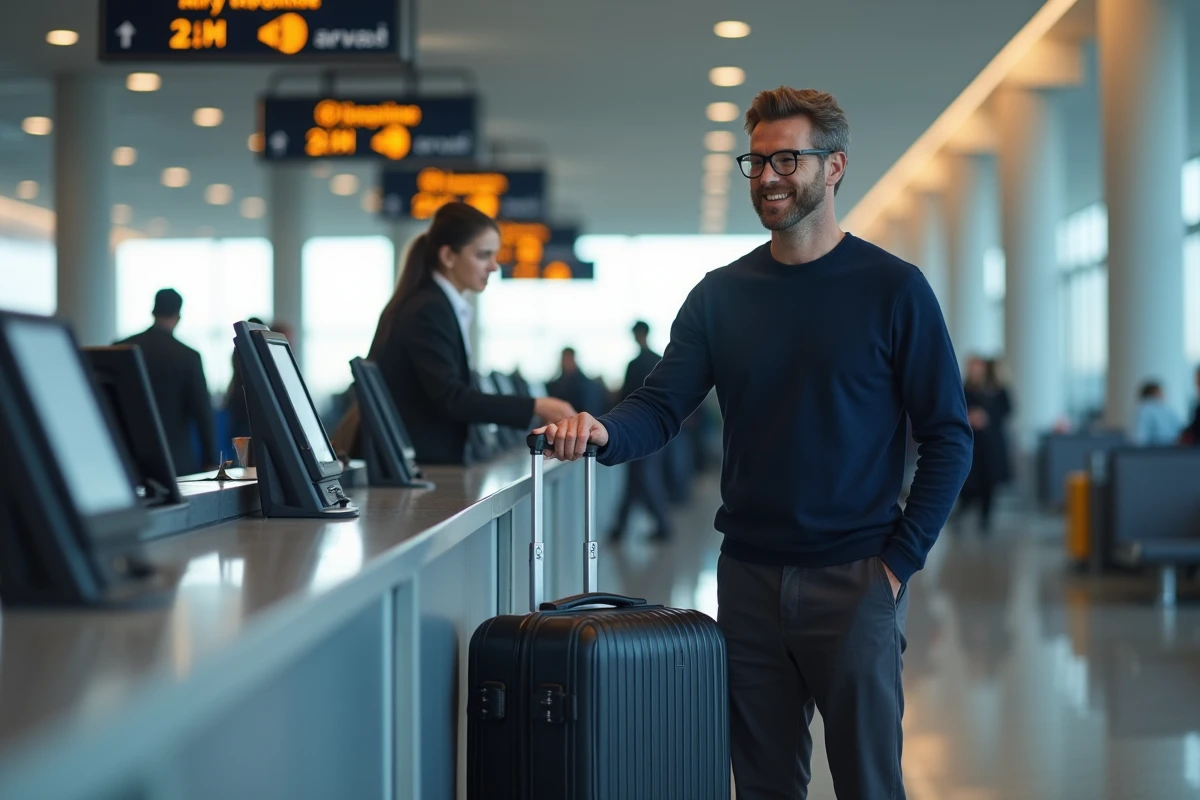 Homme déposant une grande valise soute Jump au comptoir d'enregistrement d'un aéroport