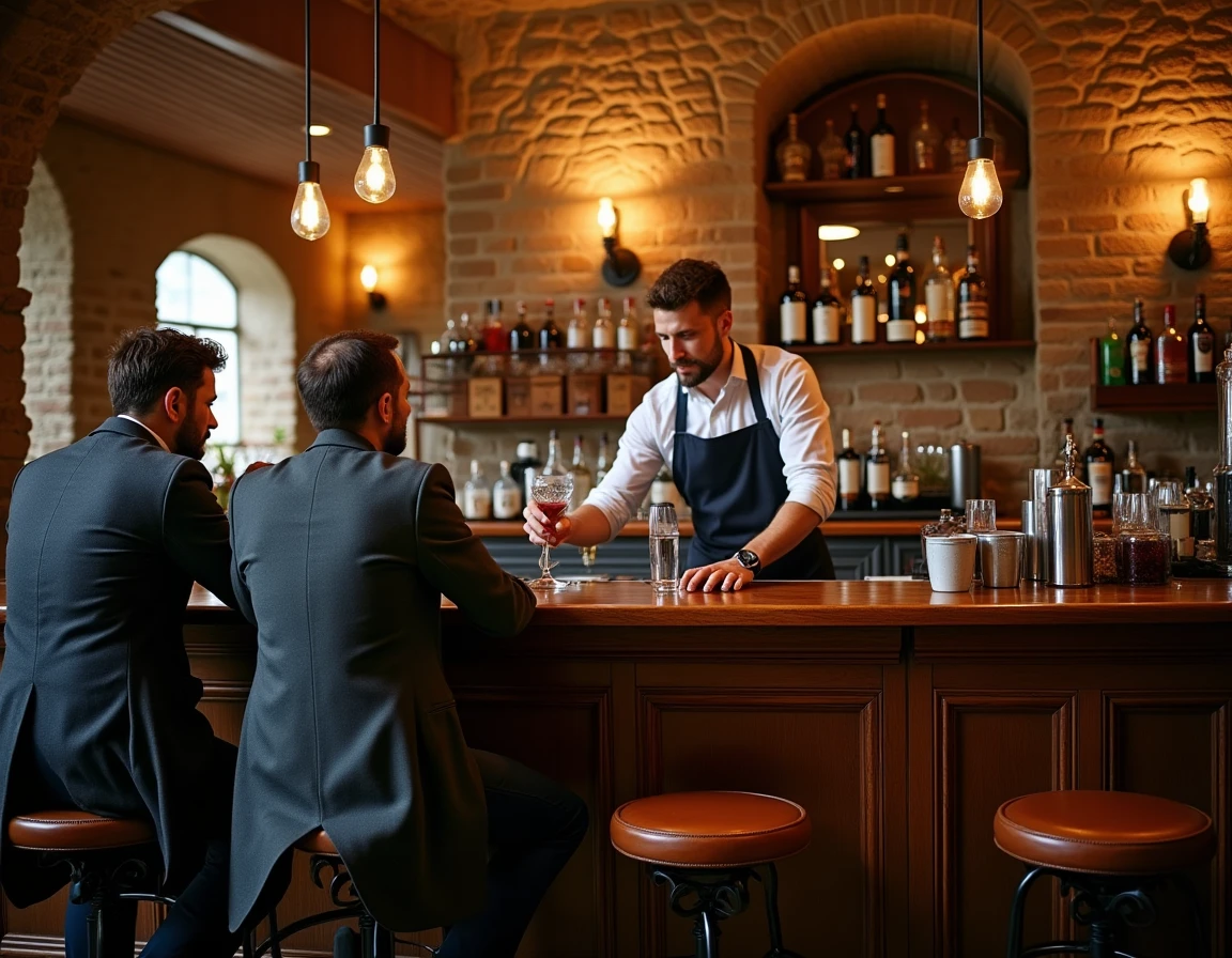Bar à cocktails élégant dans le vieux quartier Stari trg de Ljubljana avec un barman en action