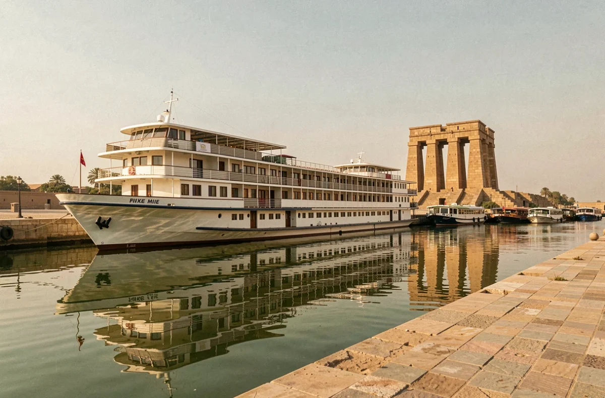 Bateau de croisière sur le Nil amarré près d'un temple égyptien antique à Louxor