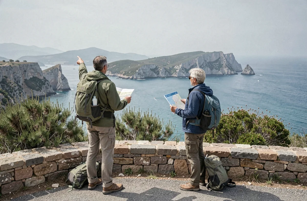 Couple de randonneurs consultant une carte au belvédère avec vue panoramique sur le Cap Corse et le littoral nord de la Corse