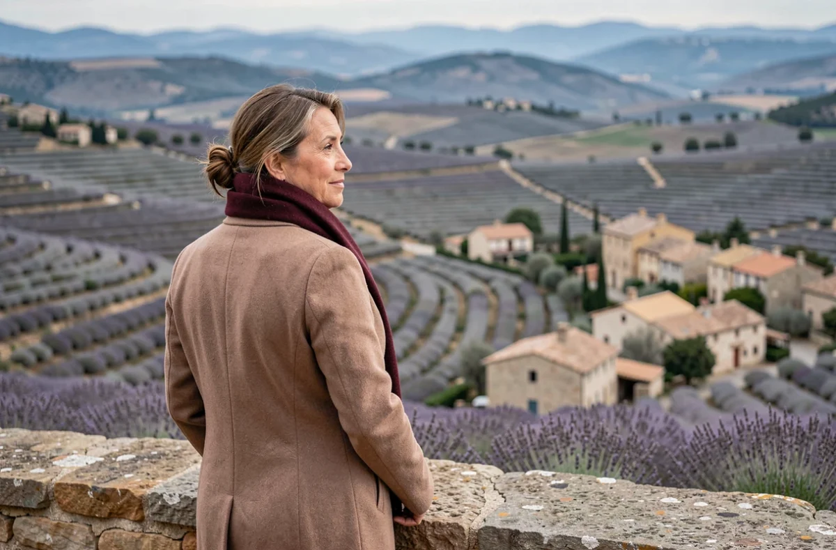 Femme contemplant le panorama sur le Luberon depuis le belvédère de Gordes en hiver, paysage calme et désert hors saison touristique