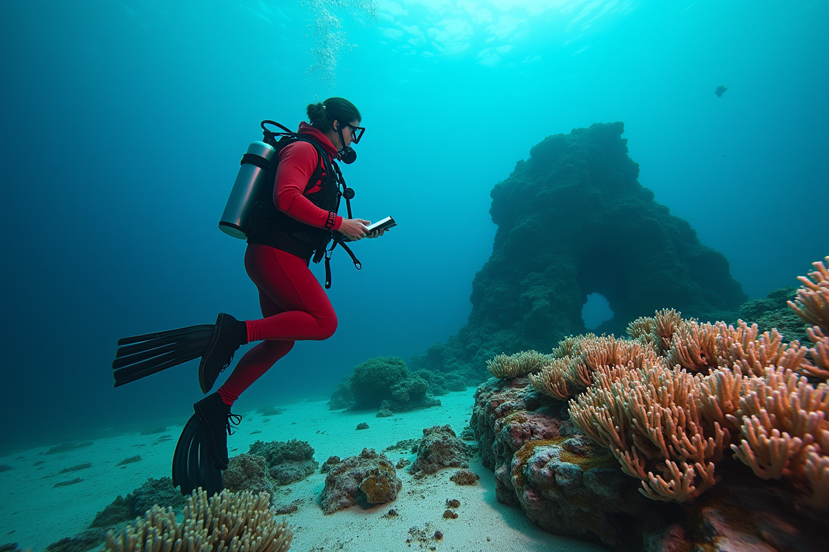 Biologiste marine féminine documentant le corail sous l