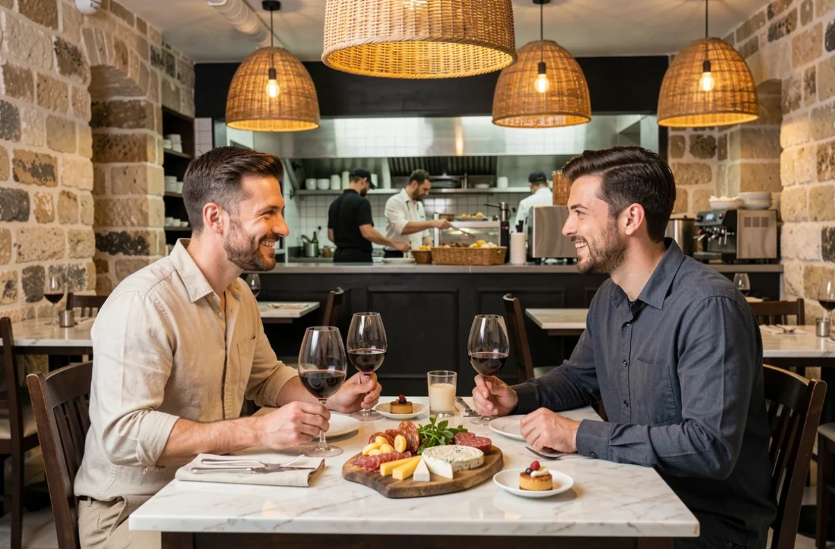 Couple profitant d'un dîner pré-soirée dans un bistrot moderne au décor méditerranéen à Paceville, avec plateau de charcuterie maltaise et vin