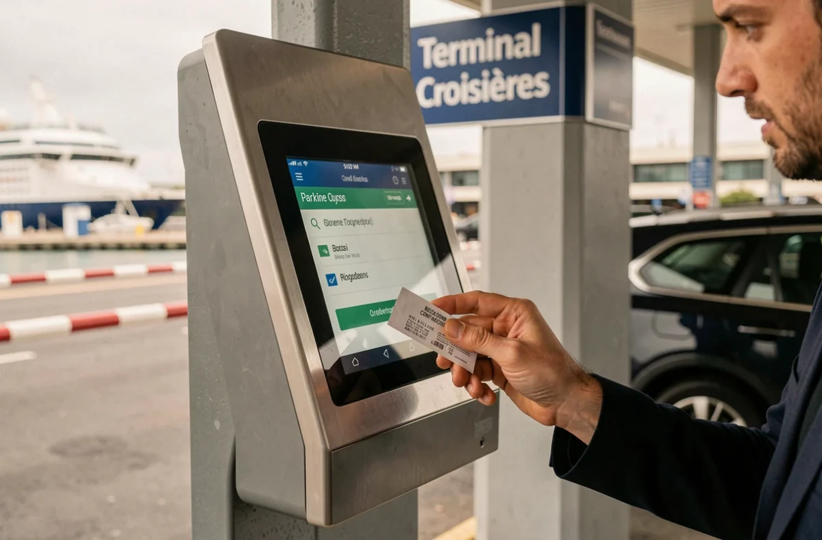 Main utilisant une borne de paiement pour réserver un parking au terminal croisière de Marseille