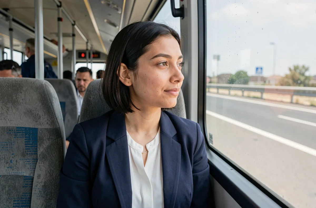 Jeune femme tunisienne assise dans un bus interurbain SNTRI sur le trajet Monastir Tunis