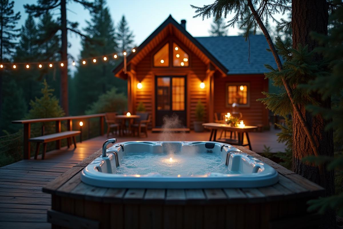 Cabane en bois avec bain extérieur en soirée chaleureuse