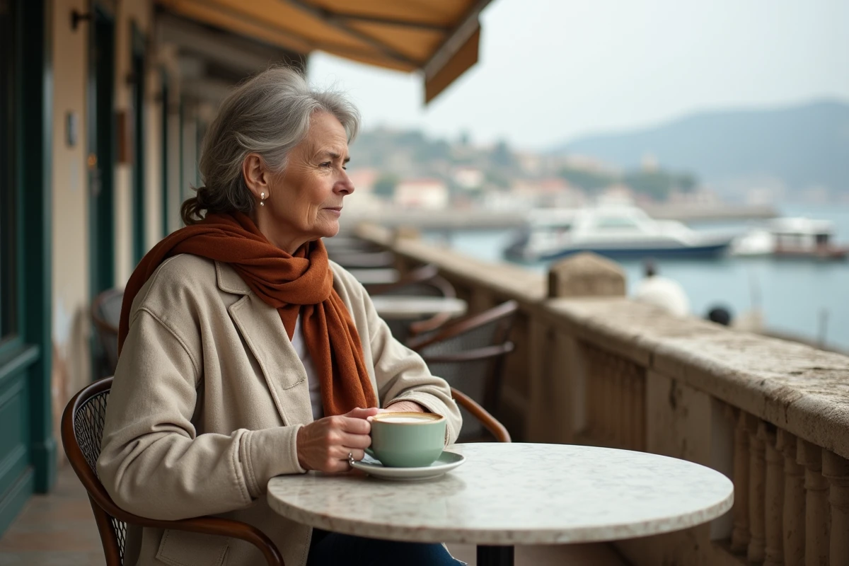 Femme attablée en terrasse au port de Tinos en automne savourant un café grec en solitaire