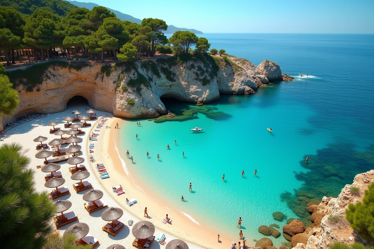 Vue panoramique de la plage de Cala d'Orzu en été avec paillotes et parasols sur le sable blanc de Corse