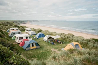 Vue panoramique d'un camping en bord de mer sur la Côte d'Opale dans le Nord, avec tentes et camping-cars sur un promontoire herbeux face à la plage