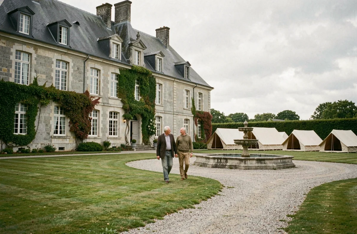 Camping Le Château de Gandspette en Flandre, manoir en pierre du 18e siècle avec pelouses soignées et tentes glamping, couple en promenade