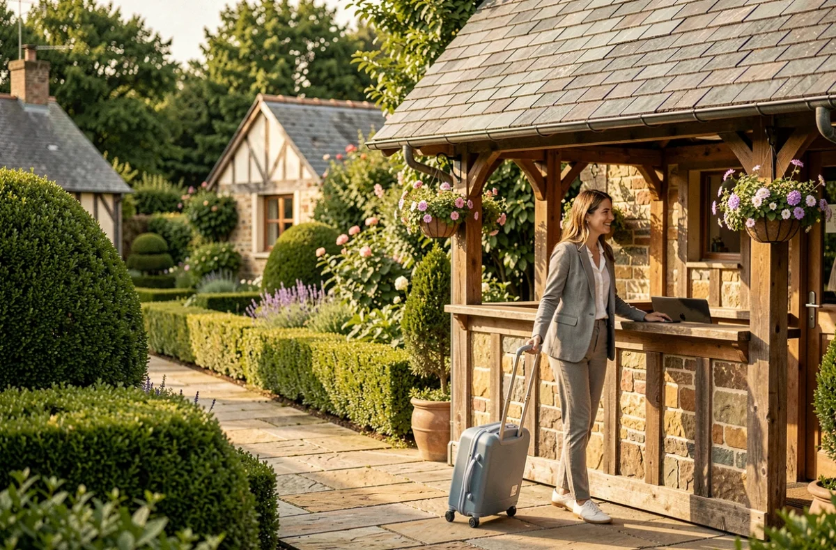 Camping de la Côte d'Opale à Condette, réception élégante avec jardins soignés, haies taillées et bâtiment rustique en bois et ardoise