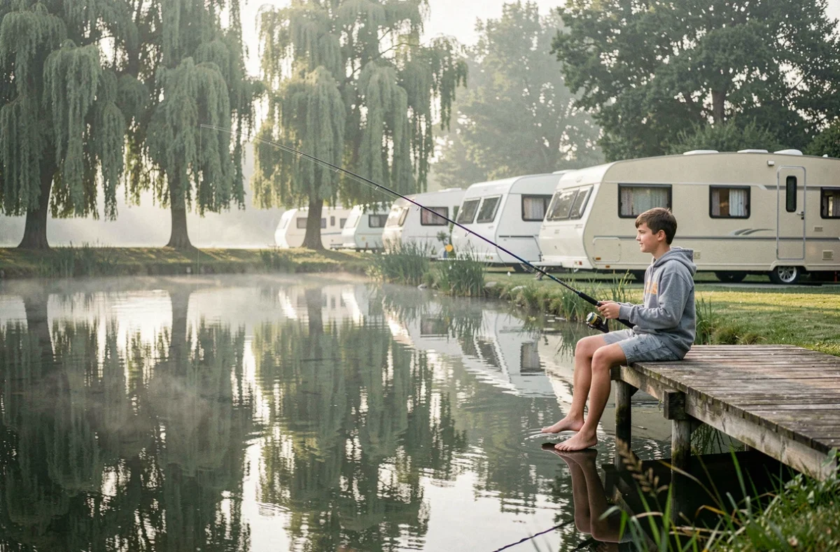 Camping Caravaning du Lac à Condette, étang de pêche calme avec caravanes blanches en bordure et adolescent pêchant depuis un ponton en bois