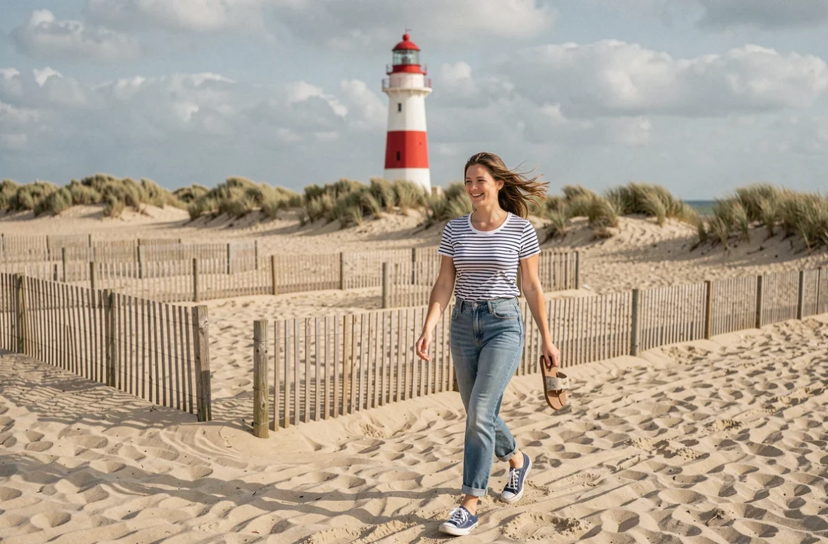 Camping Le Phare à Berck-sur-Mer, emplacements en bord de plage avec le phare rouge et blanc visible, jeune femme revenant de la plage pieds nus