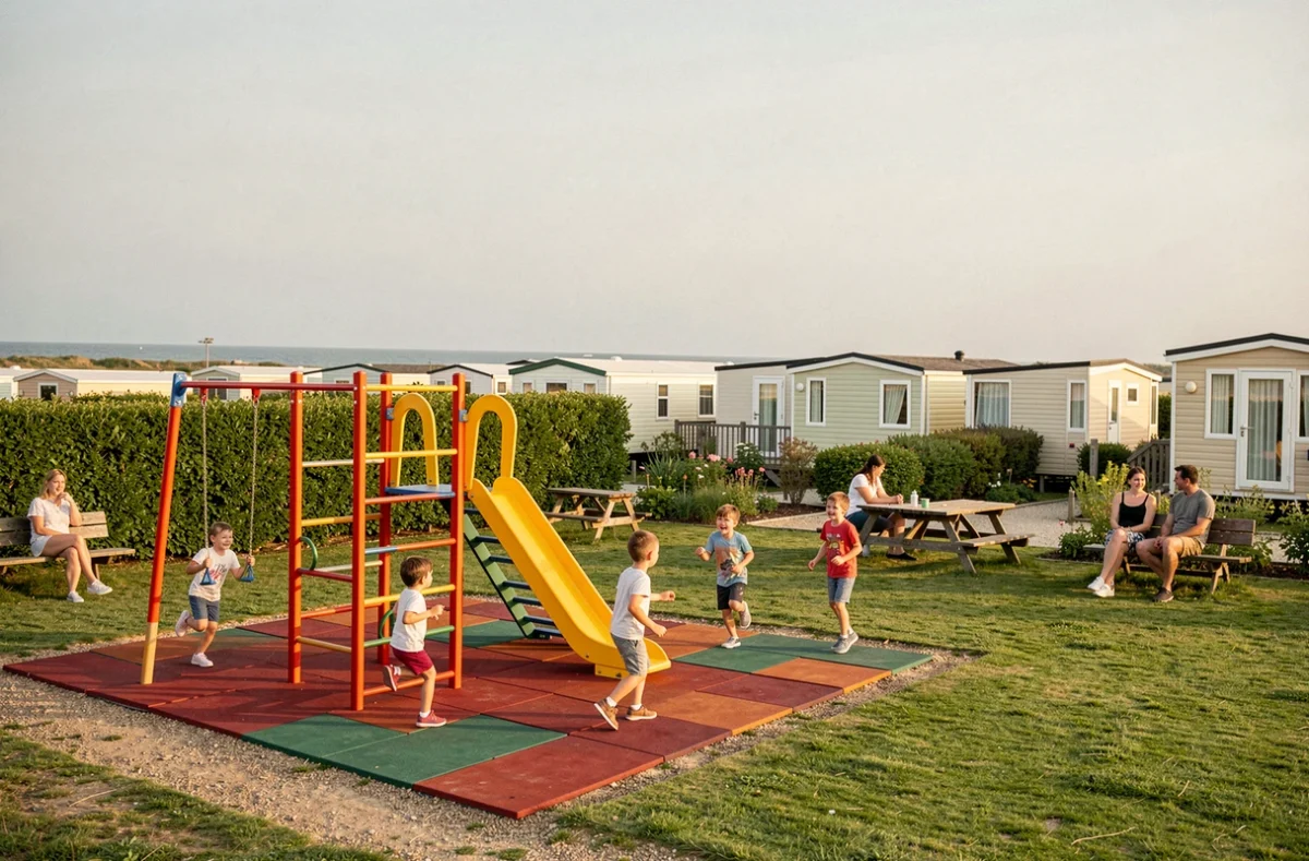 Camping Le Ridin sur la Côte d'Opale, aire de jeux animée avec enfants et mobil-homes en arrière-plan, ambiance familiale estivale