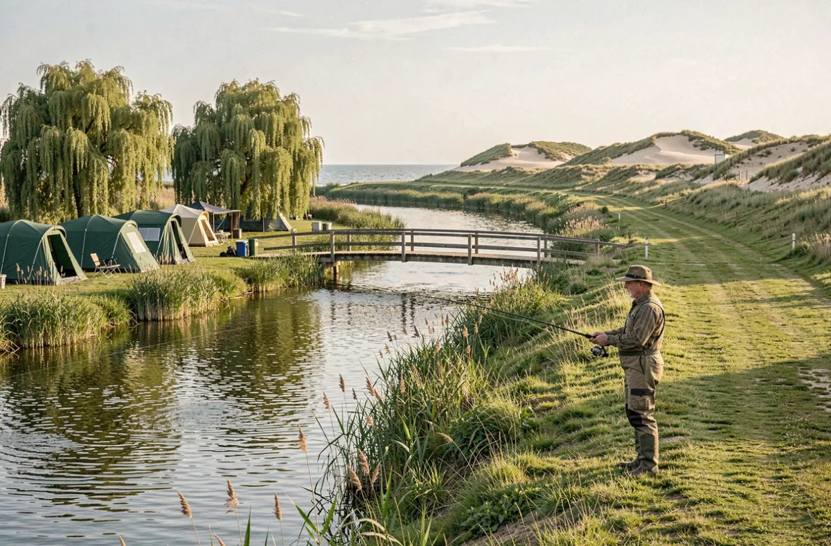 Camping Le Val d'Authie avec emplacements au bord de la rivière, passerelle en bois et dunes côtières visibles à l'horizon, pêcheur à la mouche