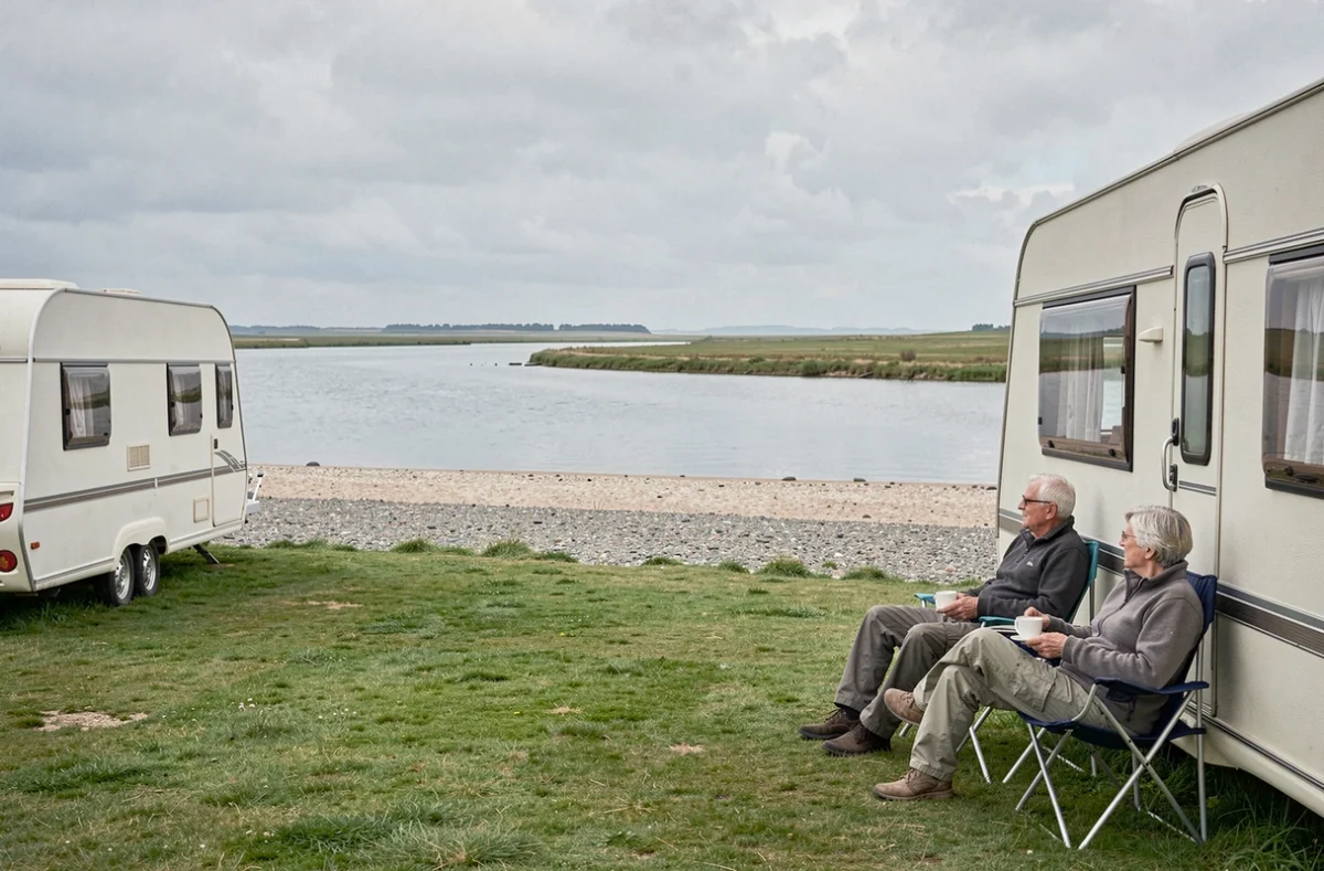 Camping Les Galets de la Mollière en Baie de Somme, caravanes sur pelouse face à l'estuaire, couple de seniors profitant de la vue