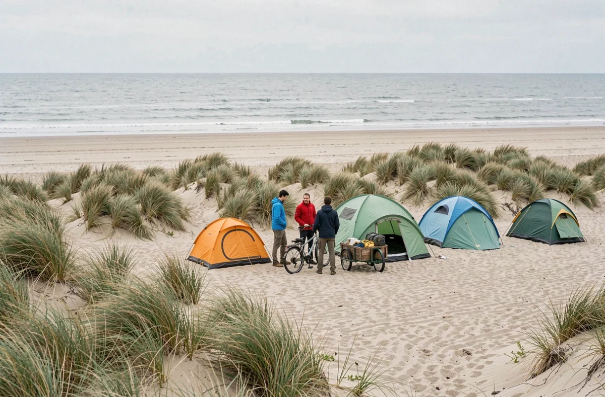 Camping Les Sternes à Grand-Fort-Philippe avec tentes colorées derrière les dunes et la mer du Nord en arrière-plan, famille en train de s'installer
