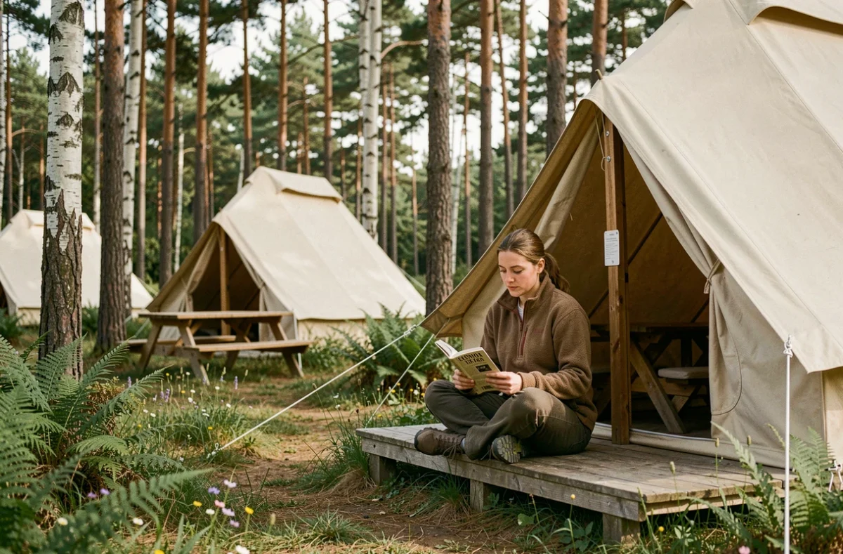Camping du Mont Joli Bois sur la Côte d'Opale, tentes bell en toile dans une clairière forestière avec végétation naturelle luxuriante
