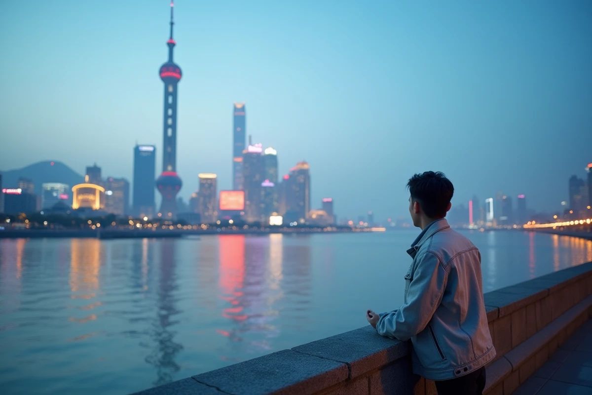 Jeune homme contemplant le Canton Tower et le skyline de Guangzhou depuis le bord de la rivière des Perles