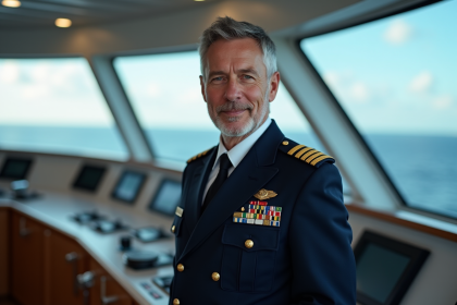 Capitaine de croisière en uniforme sur le pont du navire