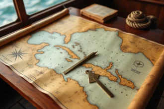 Carte nautique détaillée de la mer des Caraïbes et des Bahamas dépliée sur une table en teck à bord d'un voilier