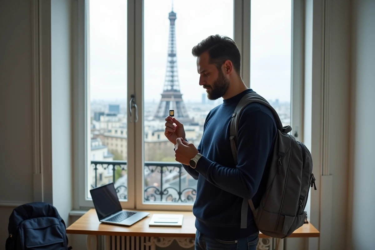 Homme tenant une carte SIM Saily devant une fenêtre avec vue sur la Tour Eiffel à Paris