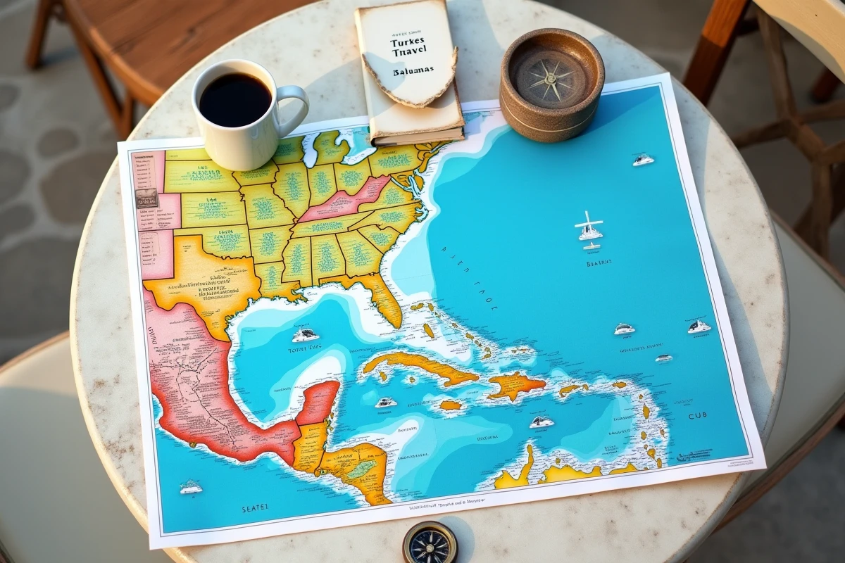 Vue de dessus d'une carte touristique des Caraïbes et des Bahamas posée sur une table de café en plein air avec boussole et guide de voyage