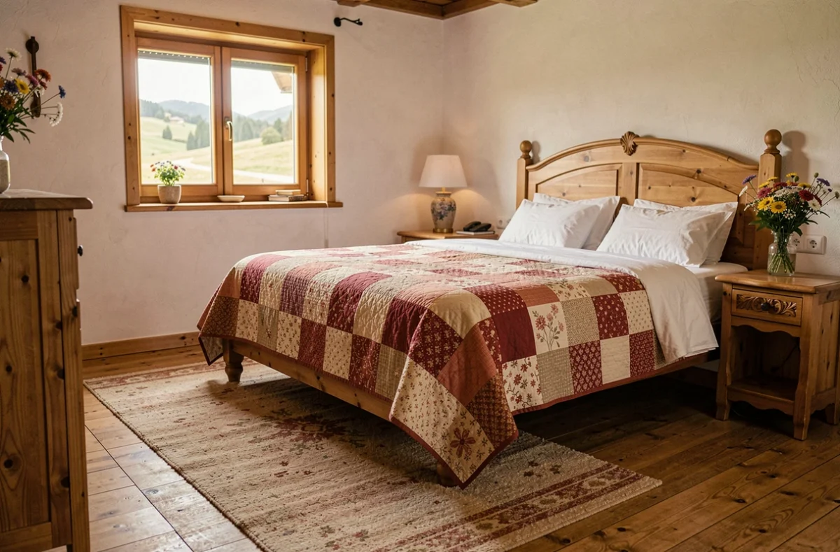 Chambre douillette avec lit en bois et courtepointe artisanale au Chalet Fleuri à Saint-Martin-Bellevue