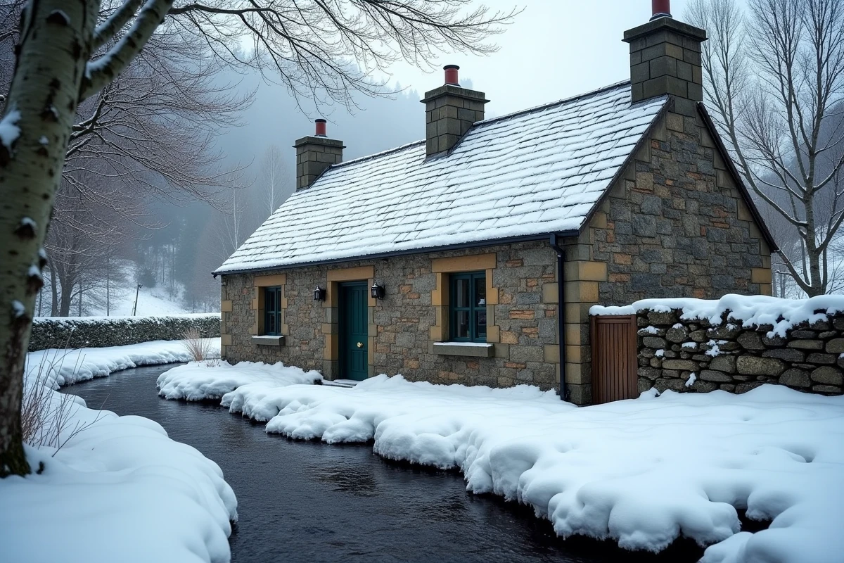 Chalet traditionnel en pierre des Highlands écossais recouvert de neige fraîche dans un glen isolé en hiver, entouré de bouleaux nus et d'un ruisseau gelé