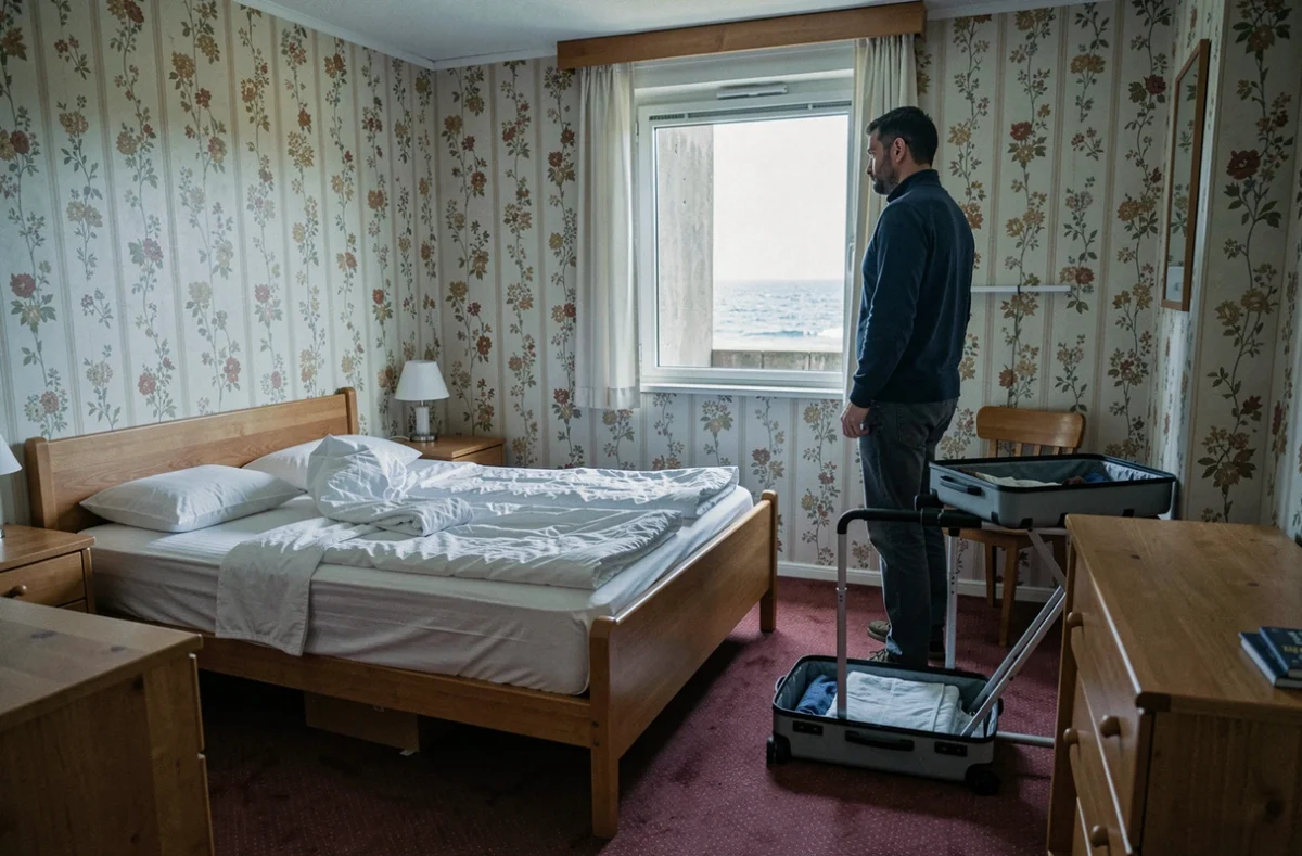 Homme déçu dans une chambre d'hôtel breton avec vue mer partiellement obstruée
