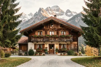 Vue panoramique d'un chalet traditionnel de Haute-Savoie avec balcons fleuris et montagnes enneigées en arrière-plan
