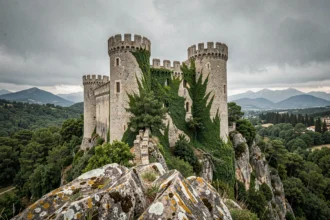 Vue panoramique du Château de Requesens perché sur une colline boisée des Pyrénées catalanes, entouré d'une forêt méditerranéenne dense