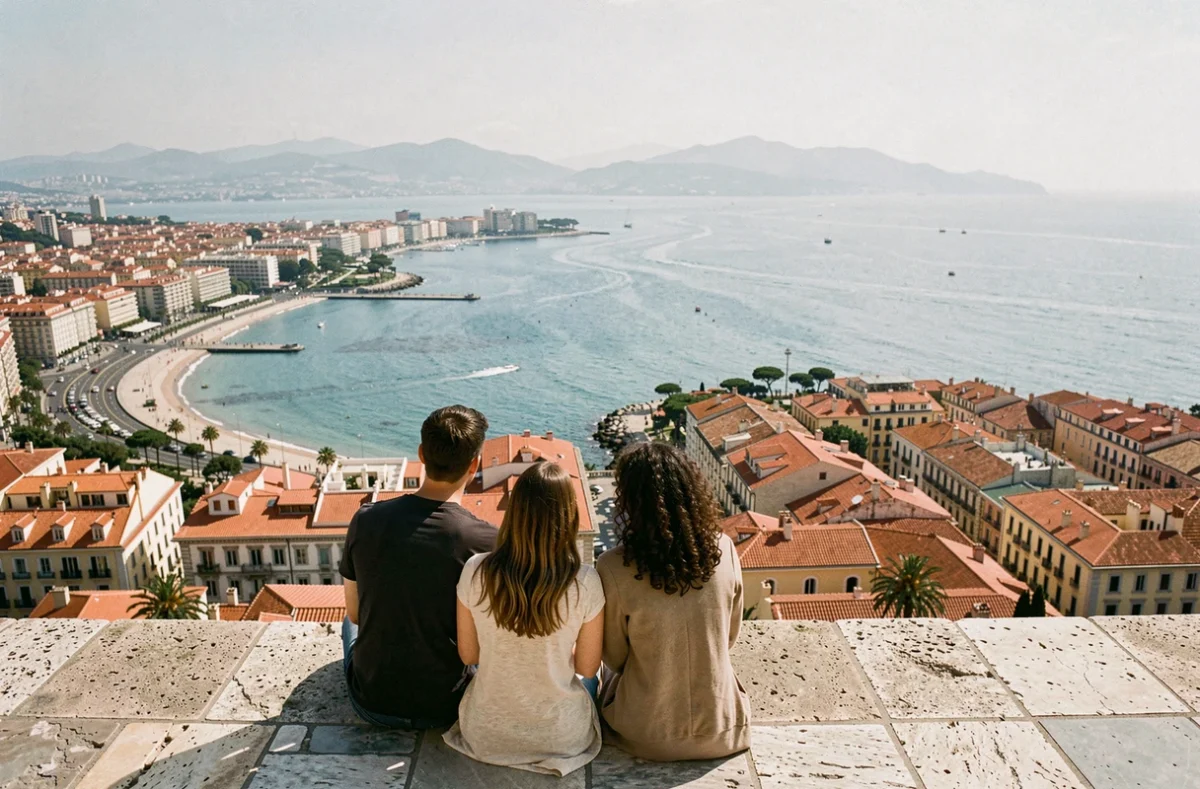 Couple admirant la vue panoramique sur Nice et la Baie des Anges depuis la Colline du Château