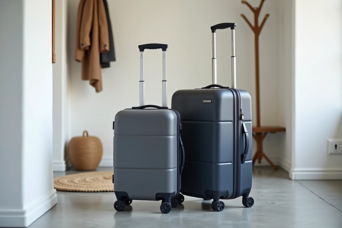 Comparaison entre une valise cabine et un bagage soute Jump posés côte à côte dans un couloir de maison