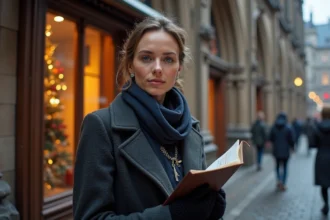 Femme élégante devant la cathédrale de Strasbourg tenant un programme de concert du Nouvel An