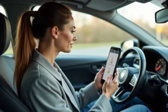 Conductrice consultant une application de comparaison d'itinéraires entre autoroute et nationale sur smartphone monté dans sa voiture