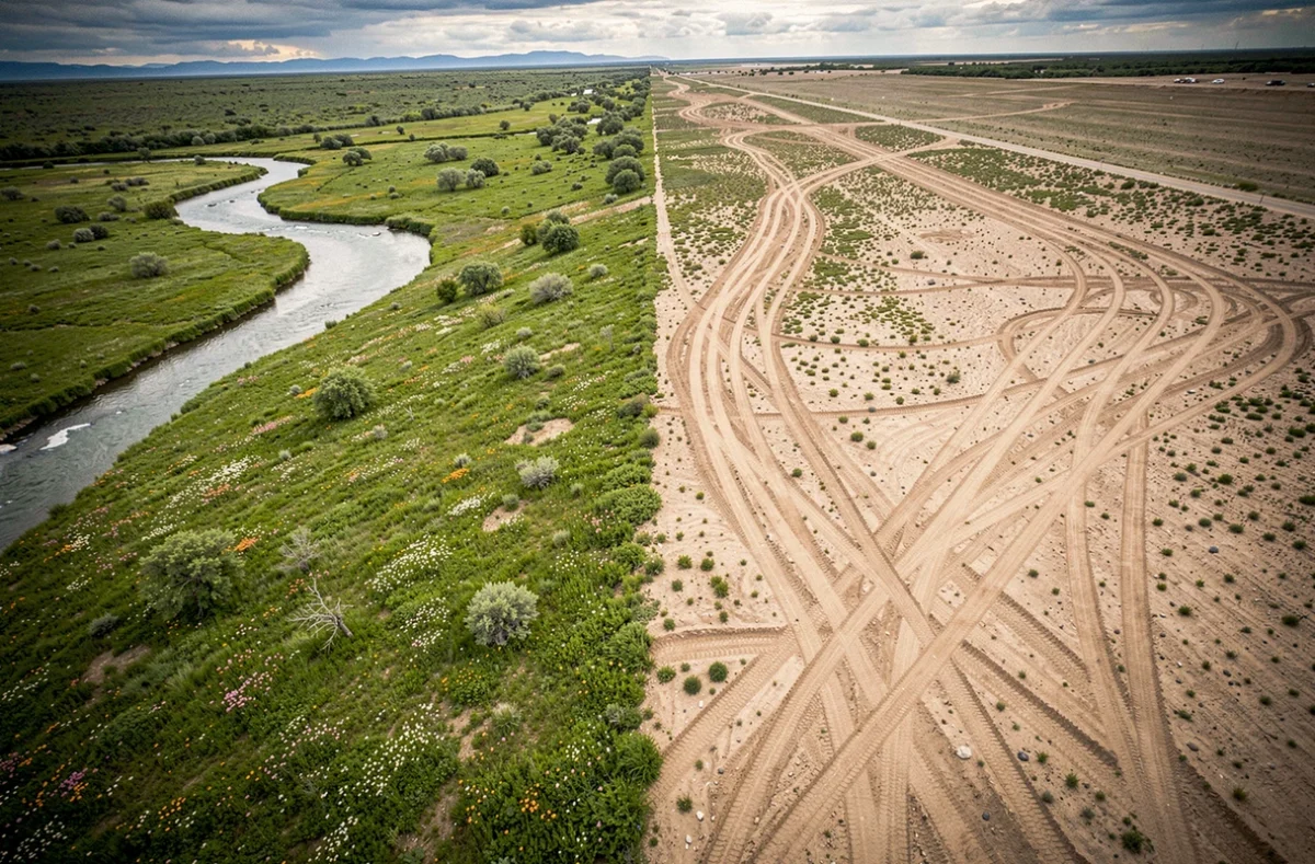 Vue aérienne contrastant une prairie préservée avec un territoire dégradé aux États-Unis, illustrant la menace sur les espaces naturels protégés