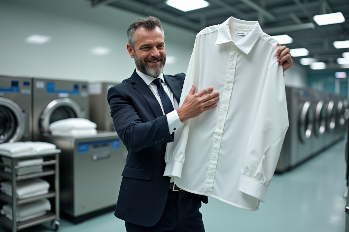 Homme hotelier inspectant un drap propre dans la buanderie