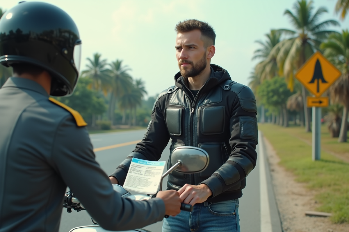 Homme européen contrôlé par un agent thaïlandais sur la route