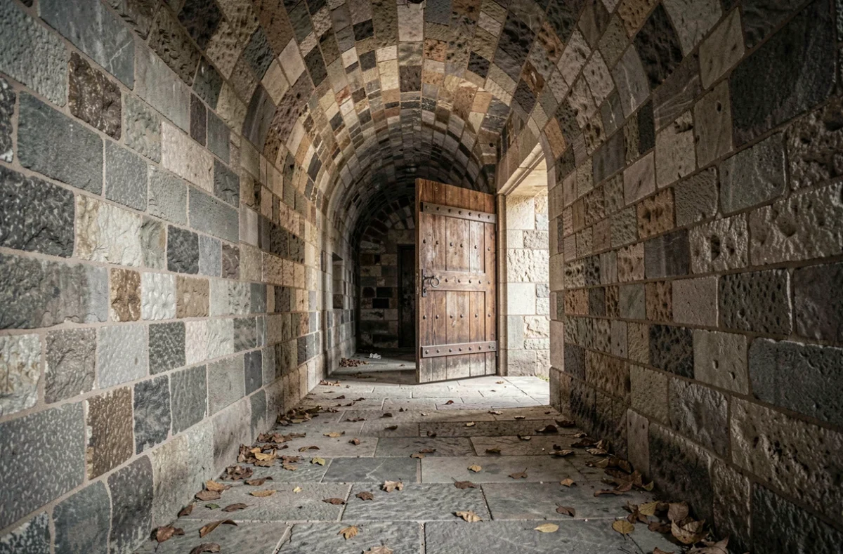 Couloir voûté en pierre à l'intérieur du Château de Requesens, murs médiévaux anciens et porte en bois ferrée entrouverte évoquant mystère et légendes