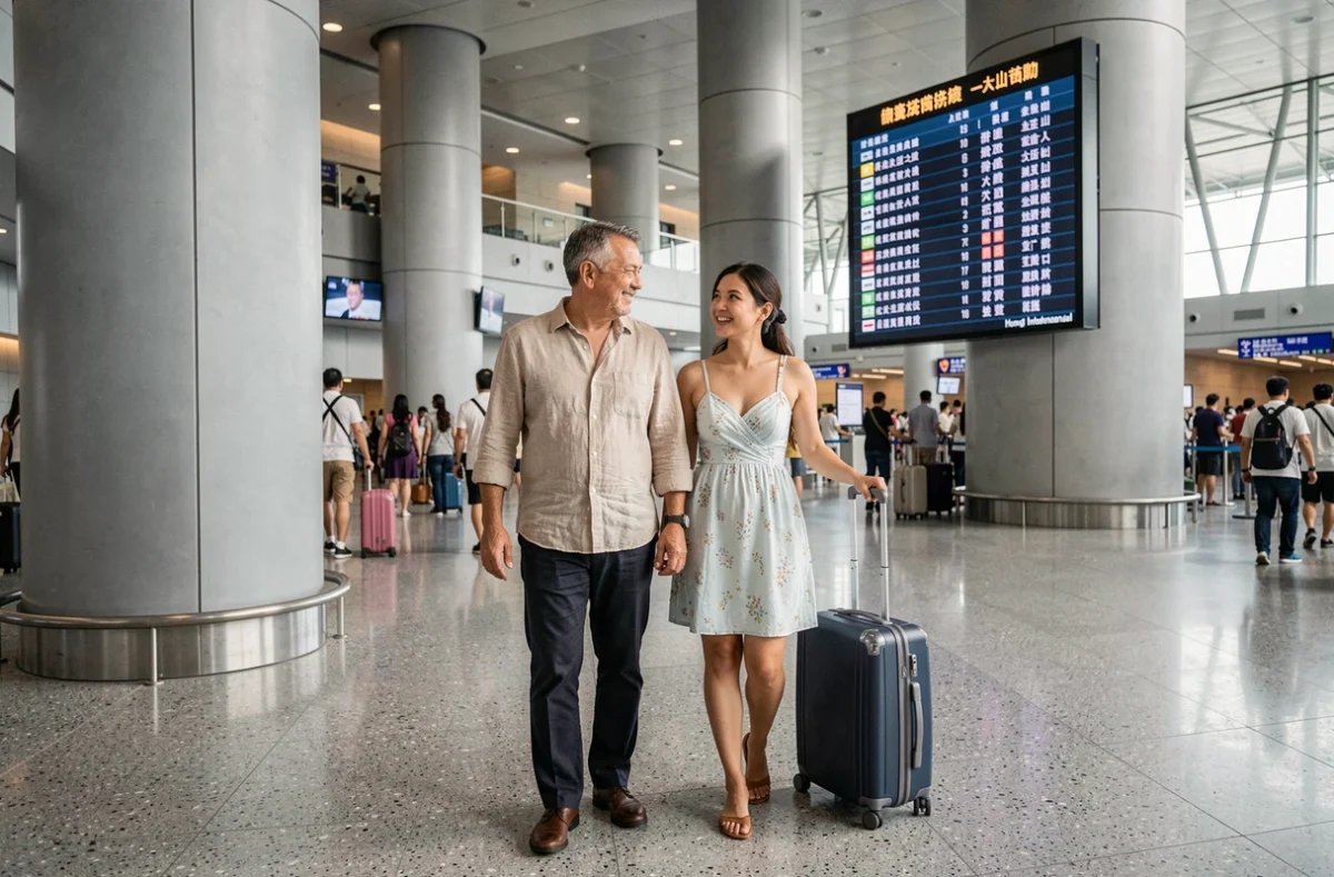 Couple arrivant à l'aéroport international de Hong Kong après un vol depuis Paris, tableau des départs visible